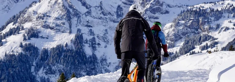 Dos bicicletas frente a una motanaña nevada y terreno nevado.