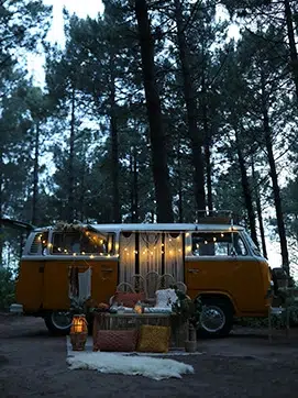 Furgoneta camperizada en el centro de un paisaje de naturaleza.