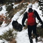 Persona caminando junto a su perro por terreno montañoso y levemente nevado.